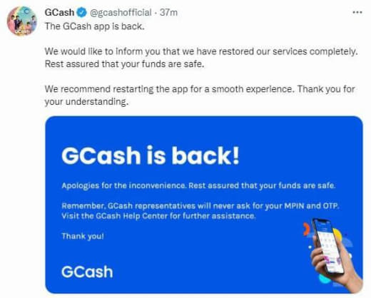 GCash周二下午大当机晚间10点已恢复APP