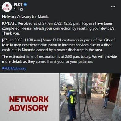 PLDT:中国城光纤电缆意外切断目前已恢复服务